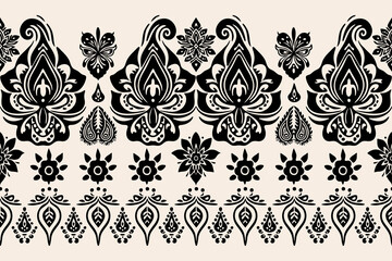 Floral Ikat pattern embroidery border.Motifs African boho paisley background.Ethnic floral Indian seamless.Aztec traditional textile design. Illustration for fabric, textiles