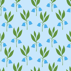 Seamless floral pattern with blue bellflowers, Campanula flowers on blue background.