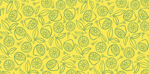 Fototapeta premium Pattern with lemons and leaves. Trendy hand drawn graphic. Background of mediterranean eat. Vector illustration.