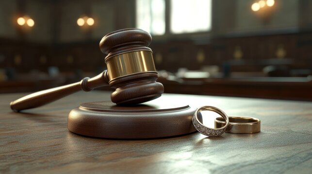Divorce gavel and wedding rings