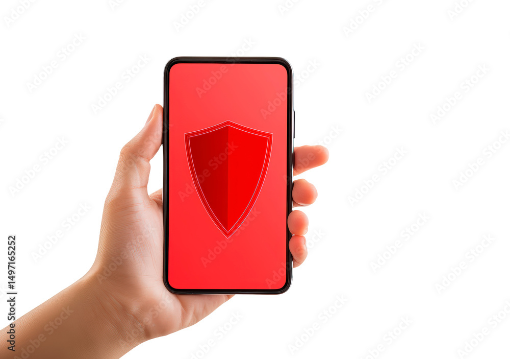 Poster a hand holds a smartphone featuring a red screen with a shield icon isolated on transparent backgrou