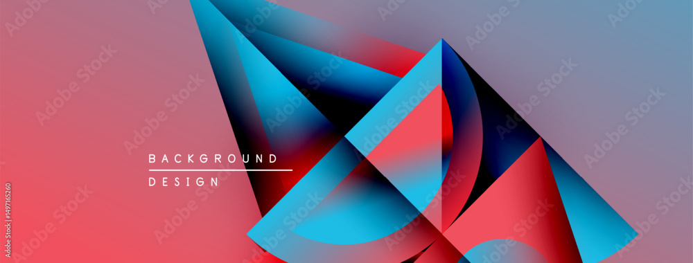 Poster abstract geometric shapes blend vibrant colors. gradient pinks, blues create dynamic visual effect. 