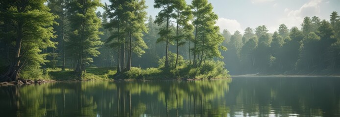 Tranquil lake reflecting towering trees, calm water surface, lush green banks, peaceful, scenic view