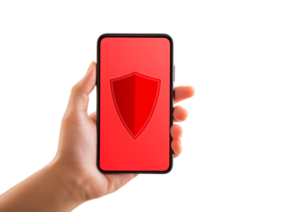 A hand holds a smartphone featuring a red screen with a shield icon isolated on transparent background