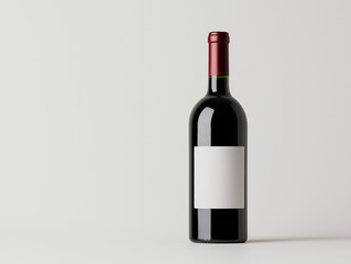 A dark red wine bottle with a blank white label and a matching red foil top, presented horizontally with a subtle play of light and shadow, suggesting elegance, quality
