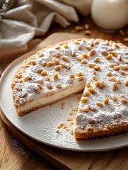 Torta della Nonna Slice with Pine Nuts. Natural Light on Light Wood Surface
