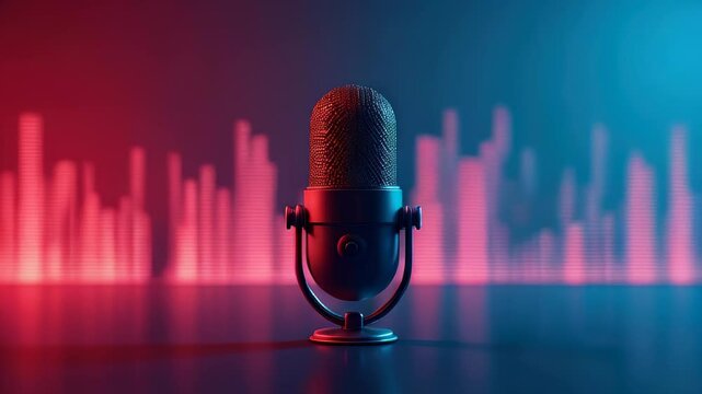 Studio microphone. Ai vocal remover Audio to text Podcast editor Udio Open source devops Murf PlayHT PolyAI Riverside transcription recording. Dark background. Neon lighting. Modern technology. Sound