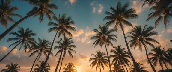 Tropical palm trees at sunset with sky and clouds, creating a peaceful outdoor scene. Natural environment and travel, concept. The beauty of nature and outdoor relaxation.