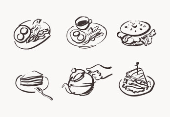 Breakfast line art illustrations, sandwiches, tea and cake hand drawn icons