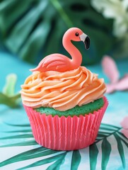 Tropical Flamingo-Themed Cupcake. Bright Icing and Palm Leaf Detail
