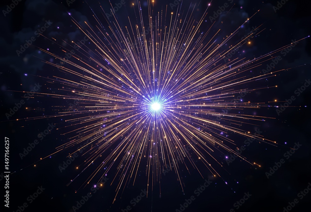 Poster bright abstract explosion of light rays radiating from a glowing central point in dark space