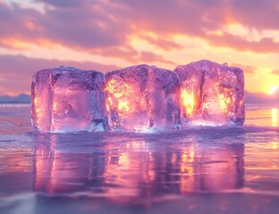 Three Translucent Ice Cubes Glowing at Sunset, Pink and Orange Sky Reflection