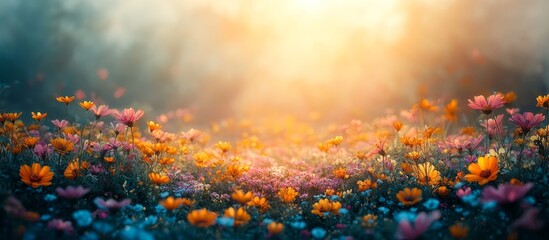 Vibrant Wildflower Meadow at Sunset Soft Light Dreamy Floral Background