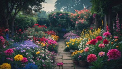 Obraz premium Colorful garden path with vibrant flowers, lush greenery, and shaded trees. Nature and garden landscape, peaceful outdoor setting. The scene of a thriving garden environment.