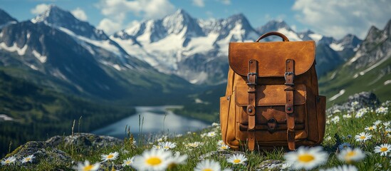 Brown Leather Backpack in Mountain Wildflower Meadow