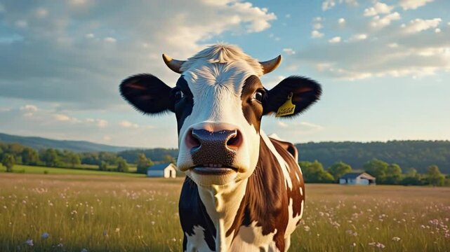 Close up of a black and white cow in green field during golden hour with blue sky and countryside background
