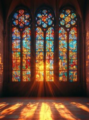 Sunlit Stained Glass Cathedral Window Interior