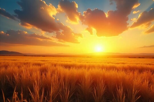 Golden sunset over a vast, open field, symbolizing boundless freedom and limitless potential  The sun's rays illuminate the landscape, creating a warm, inviting atmosphere ,  prairie,  horizon