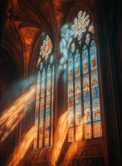 Sunlit Stained Glass Window In Gothic Cathedral Interior