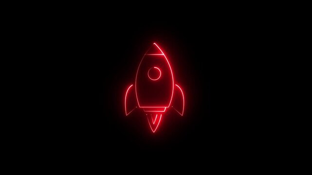 Glowing Neon spaceship sign, rocket fly animation. Neon rocket icon, looped slow flashing animation. Spacecraft flight, space technology, startup launch, business boost.	
