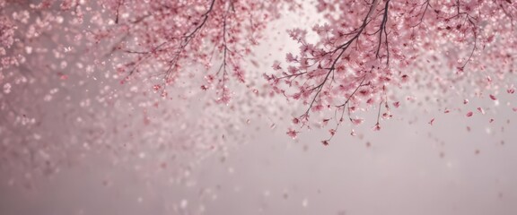 Delicate pink sakura petals drift on gentle breeze, soft focus background , bloom, tranquil