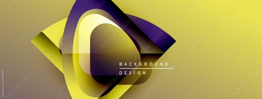 Poster Abstract yellow, purple design. Geometric shapes overlap creating dynamic visual effect. Text reads background design. Modern aesthetic.