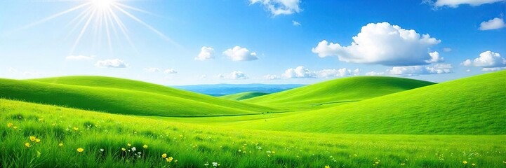 Obraz premium Serene vista of rolling green hills under a vibrant blue sky, sun-drenched meadow dotted with wildflowers, peaceful pastoral scene perfect for relaxation and tranquility , field, horizon, plants