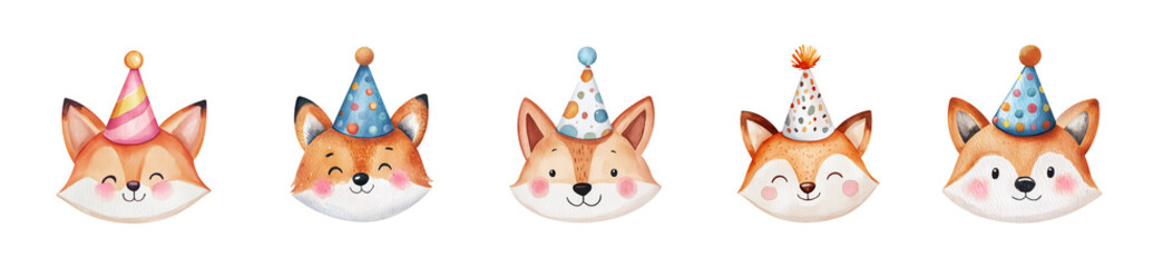 Obraz premium Head of happy fox in party hat. Children's watercolor illustration set of stylized animal for design greeting card. Isolated clipart with clear even edge on transparent background