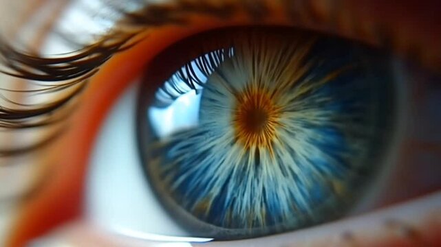 Macro shot of blue eye with radial golden pattern and lashes, seamless looping 4k time-lapse animation video background
