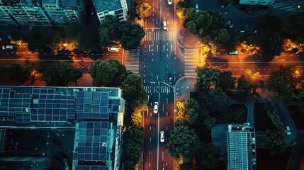 Aerial view of city streets at night with cars trees and buildings lit by street lamps and car headlights