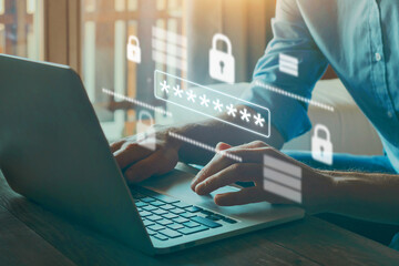 data protection and internet security concept, user typing password on virtual screen