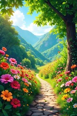 Vibrant summer scene bursting with colorful flowers, lush greenery, and bright sunshine  Perfect for summer themes, travel, nature, and vibrant backgrounds ,  tranquil,  season