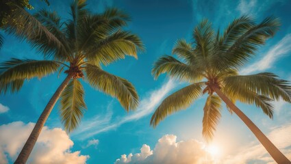 Two palm trees against a bright sky with clouds, sun, and blue background.