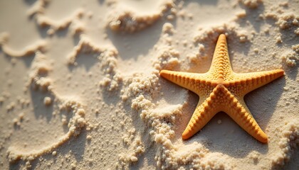 A single orange starfish on a sandy beach