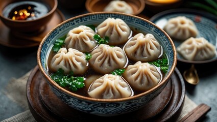 Fresh dumplings in a bowl garnished with herbs, served with dipping sauces and side dishes. Traditional Asian cuisine, food presentation, culinary culture.