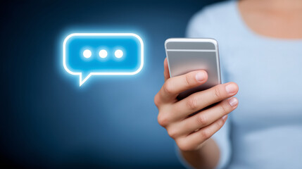 Hand holding smartphone with glowing chat bubble icon