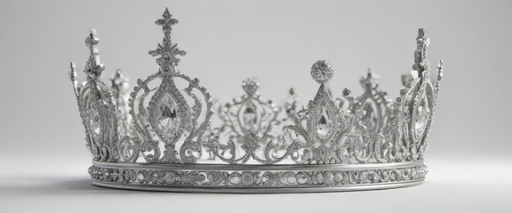 Ornate silver crown, sparkling jewels, white background,  precious,  emblem,  sparkle