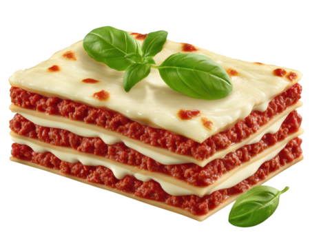 Delicious layered pasta dish featuring rich meat sauce and creamy bechamel, garnished with fresh basil leaves, perfect for comforting meal