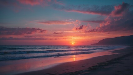 Obraz premium Sunset over the ocean with colorful clouds and a calm beach shoreline. Nature and landscape scene. The beauty of a seaside sunset.