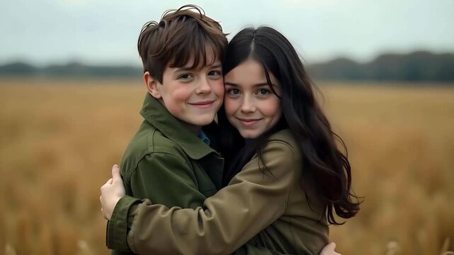 Boy and girl, potentially young lovers or brother and sister wearing military jackets, in a field