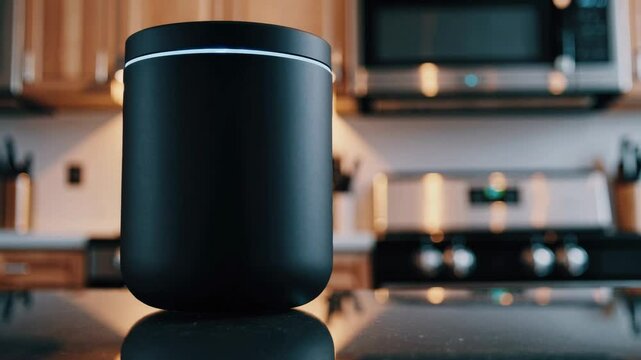 Sleek black smart speaker activating with subtle light in modern kitchen setting