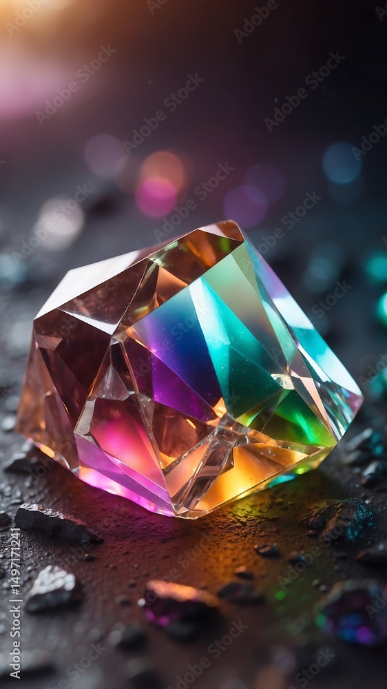 Poster a colorful crystal rests on a dark textured surface with bokeh lights.