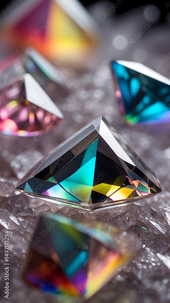 Poster several colorful triangular prism shapes arranged closely together on a textured surface.