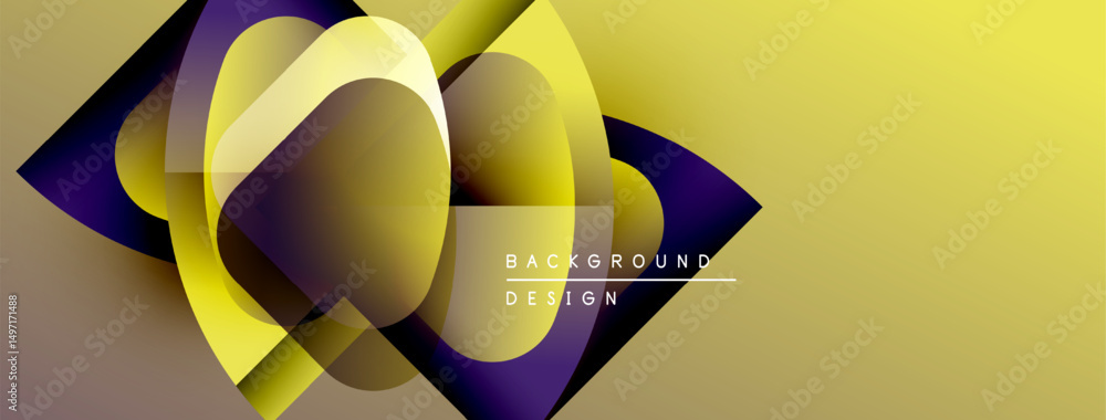 Poster Abstract geometric composition. Overlapping shapes create dynamic visual effect. Yellow, purple gradients dominate design. Modern style.