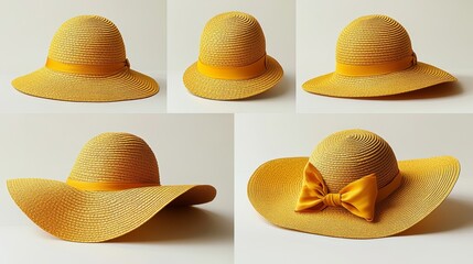 Yellow Straw Sun Hats with Wide Brim and Bow Displayed on White Background