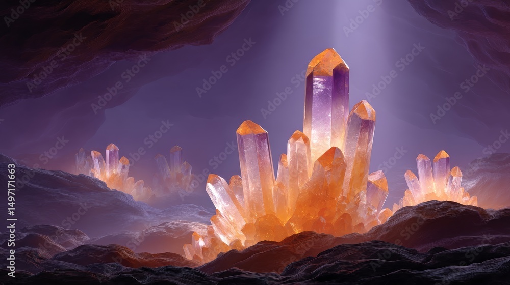Poster floating crystal formations erupting in a dimly lit cave with soft ambient light
