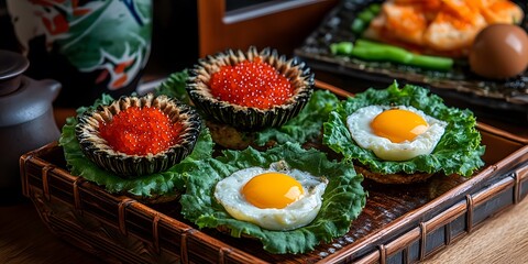 Gourmet Delicacies: Red Caviar & Sunny Side Up Eggs on Lettuce