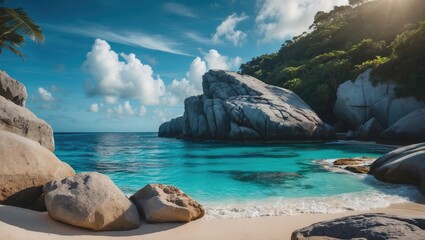 Tropical beach scene with clear turquoise water, large rocks, lush green trees, and a bright sky with scattered clouds.