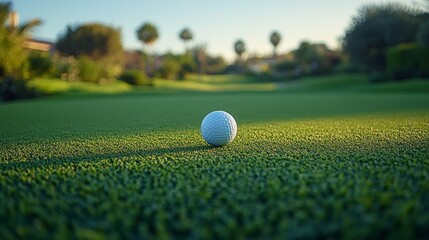 Golf Ball on Green Course with Sunset Sky and Lush Background