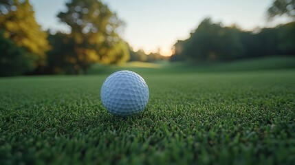 Golf Ball on Lush Green Grass Under Soft Sunrise Light